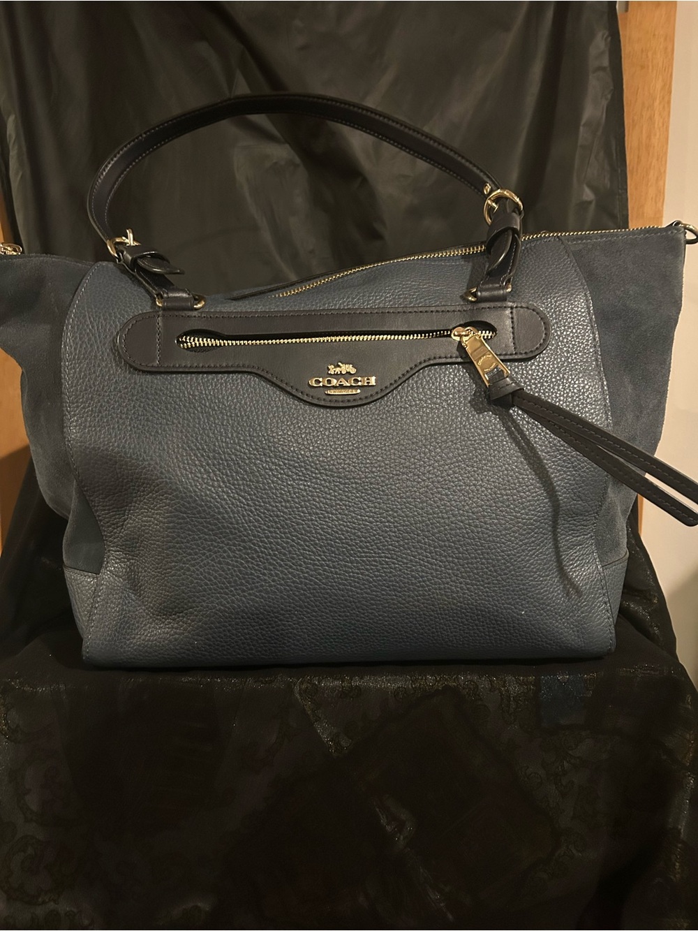 Coach Pebble Leather Shoulder Bag in Slate Blue and Black Trim - Picture 2 of 3